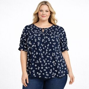 Navy Blue & White Floral Short Puff Sleeve Keyhole Button Blouse Tamara H